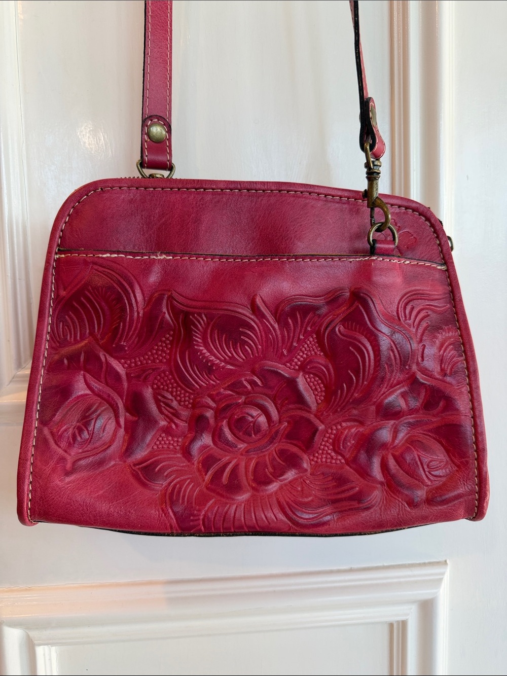 Patricia Nash Embossed Floral Leather Crossbody - Berry Red